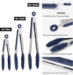 Doosu Kitchen Tongs with Silicone Tips for Cooking Serving (3Pcs, Navy)