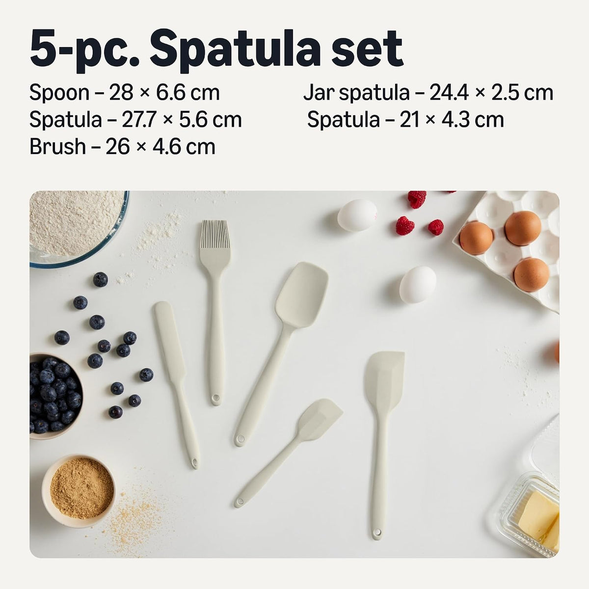 Amazon Basics Silicone Spatulas, 5-Piece Set, Heat-Resistant, Food-Grade, BPA-Free, Non-Slip Handle, Safe for Nonstick Cookware, Dishwasher-Safe, Linen Gray