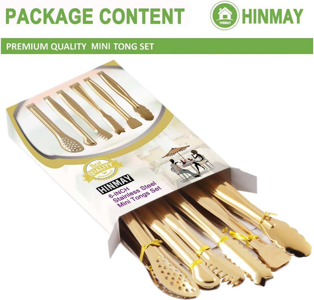 HINMAY Gold Plated Mini Serving Tongs Set 6-Inch Appetizers Tongs, Set of 6