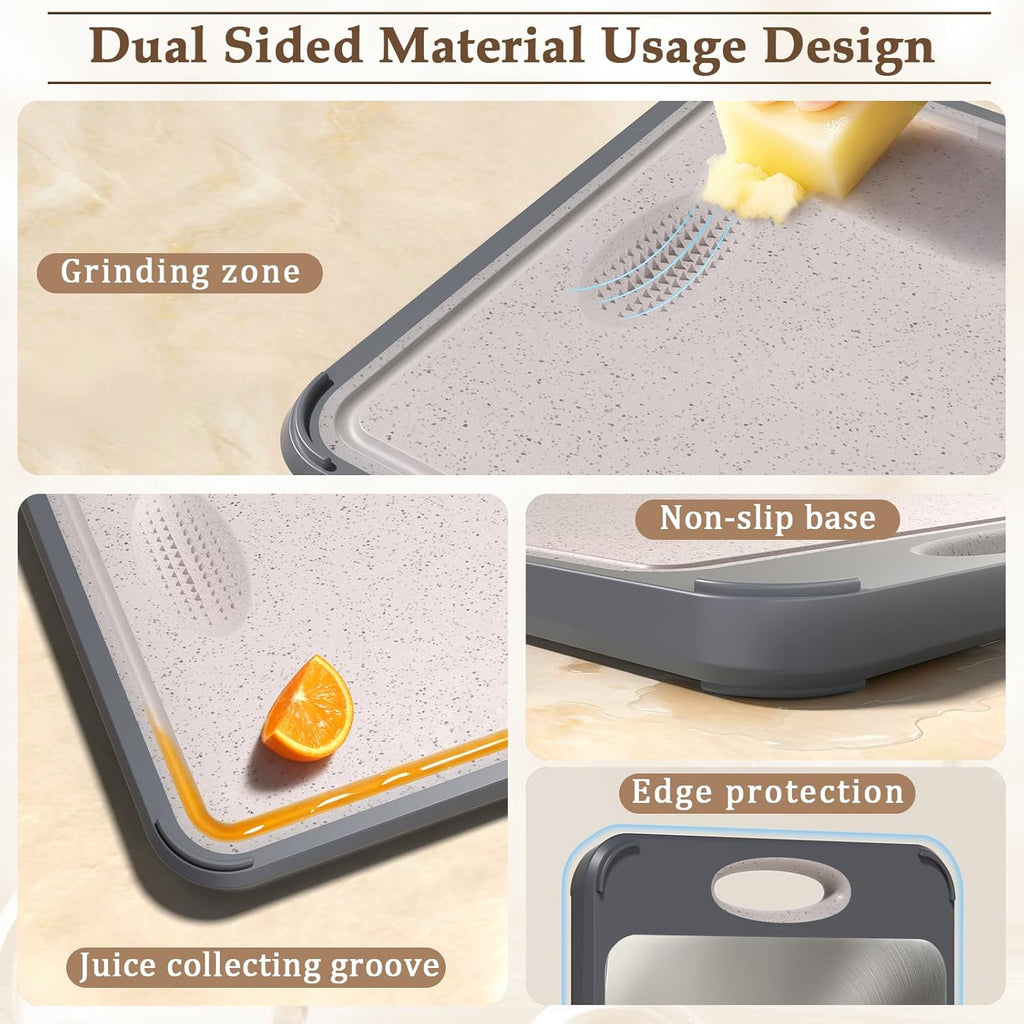 GUANCI Cutting Board for Kitchen, Non Toxic 2-in-1 Double Sided Design, 304 Food Grade Stainless Steel & Wheat Straw PP Chopping Board for Meat & Vegetables, Durable Kitchen Essential, Large 16”×11”