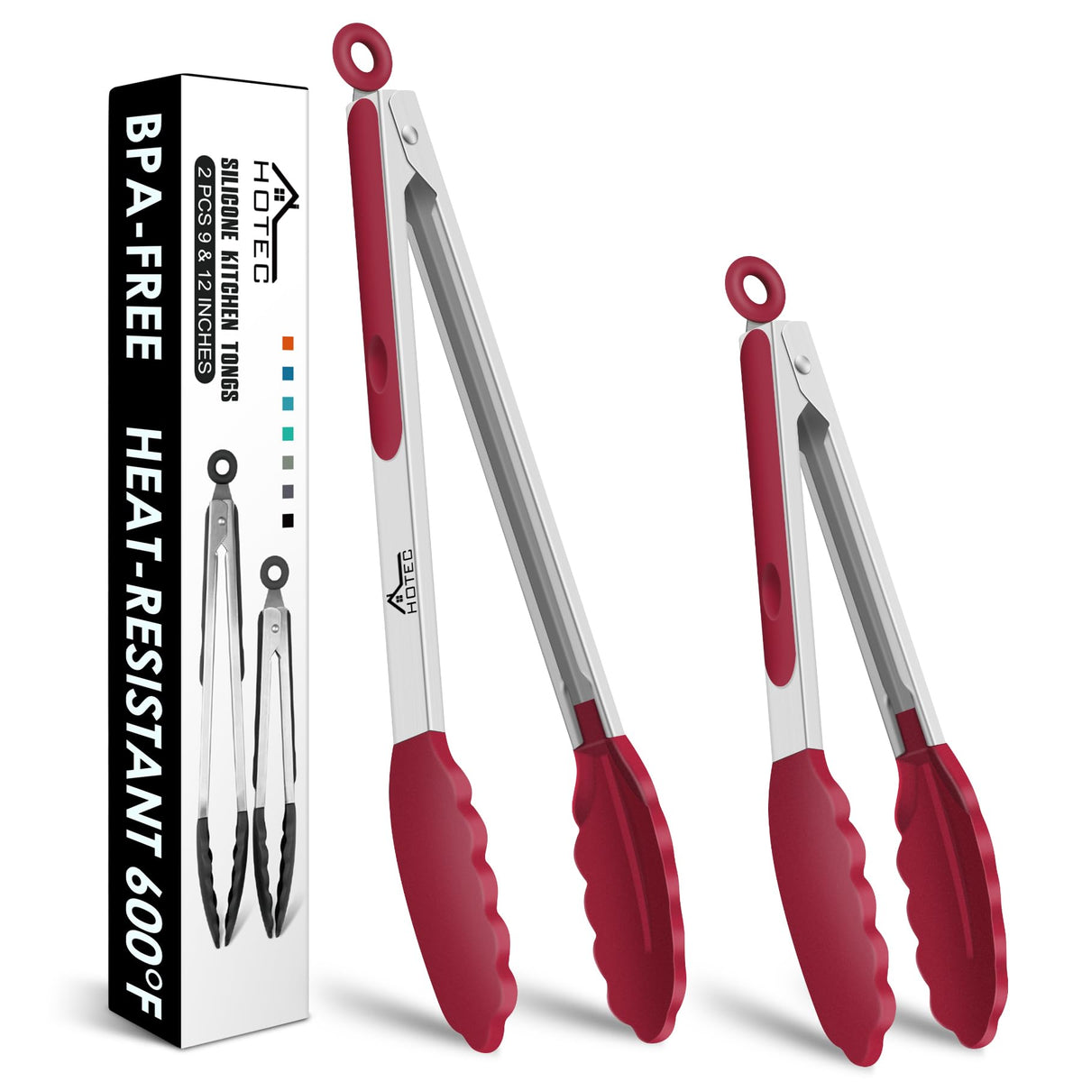 HOTEC Stainless Steel Kitchen Tongs with Silicone Tips, Set of 3-7",9" &12"