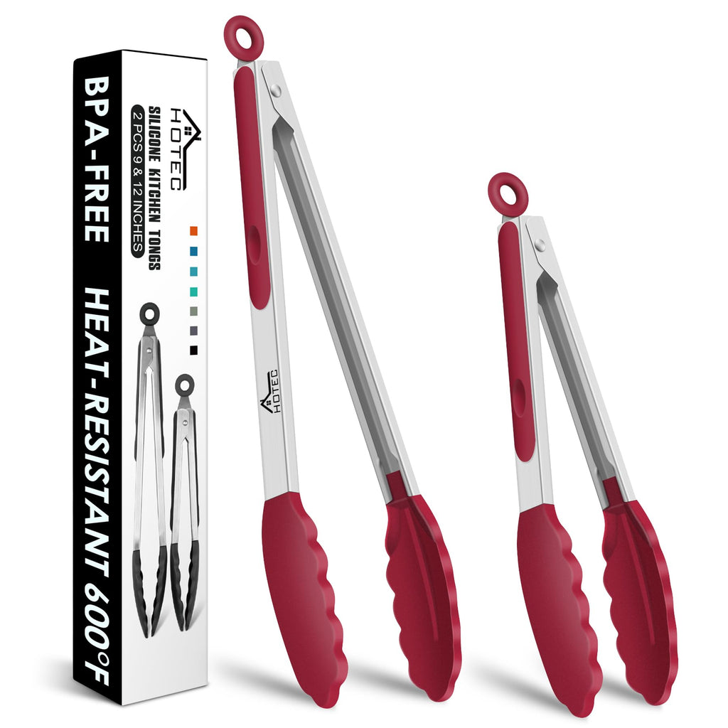 HOTEC Stainless Steel Kitchen Tongs with Silicone Tips, Set of 2-9" and 12"