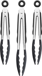 Tovolo Kitchen Tongs with Silicone Tips 9 Inch for Cooking Mixing and Serving, Easy Clean Dishwasher Safe Silicone Tipped Tongs with Locking Stainless Steel Heat Resistant, Warm Gray