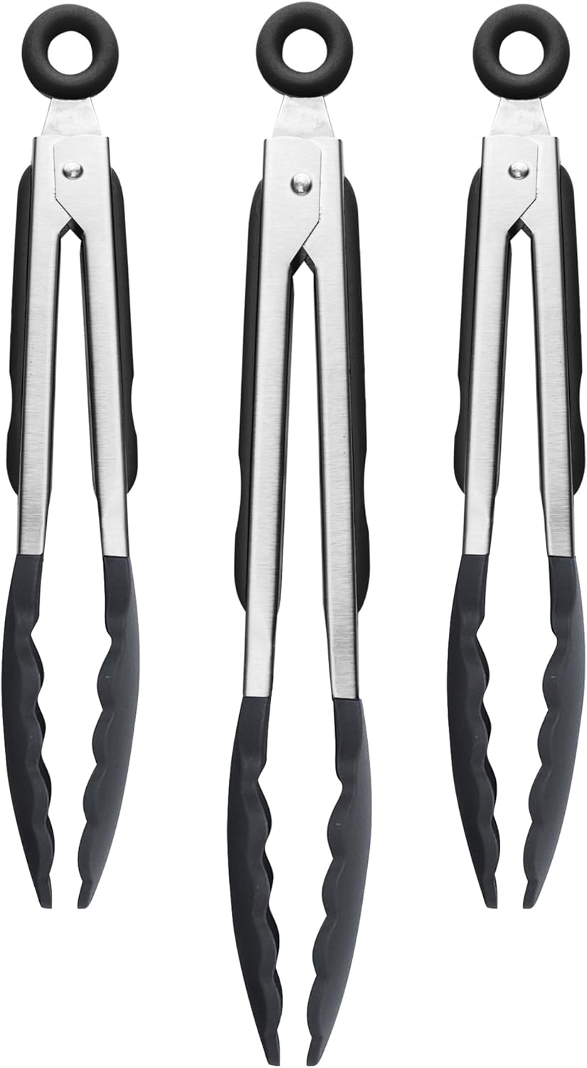 Tovolo Kitchen Tongs with Silicone Tips 9 Inch for Cooking Mixing and Serving, Easy Clean Dishwasher Safe Silicone Tipped Tongs with Locking Stainless Steel Heat Resistant, Warm Gray