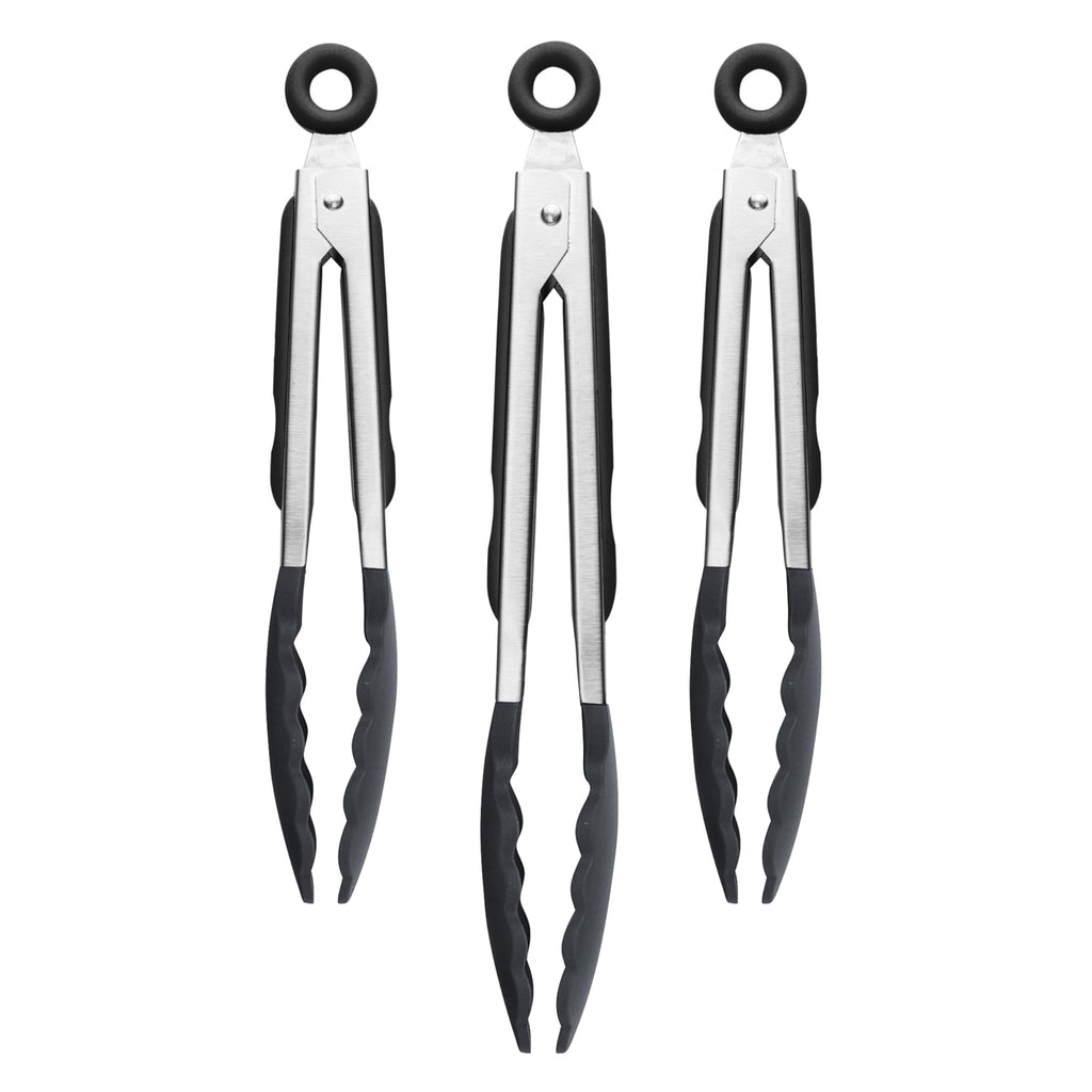 Tovolo Kitchen Tongs with Silicone Tips 9 Inch for Cooking Mixing and Serving, Easy Clean Dishwasher Safe Silicone Tipped Tongs with Locking Stainless Steel Heat Resistant, Warm Gray