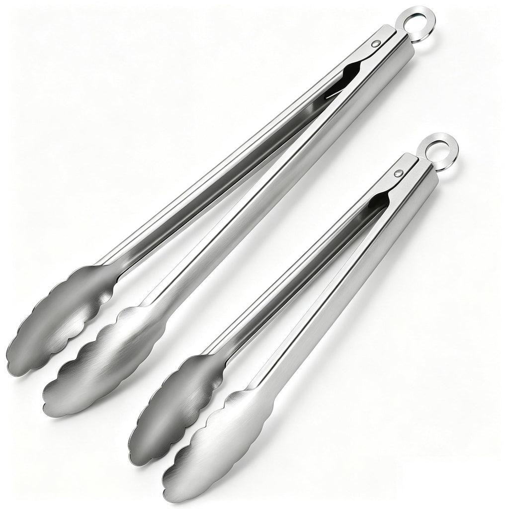 Stainless Steel Cooking Tongs Set of 3 - Heavy Duty 12/9/7 Inch Locking Tongs, Heat Resistant to 600 Degrees, Food Grade Kitchen Metal Tong for Food, Salad, & BBQ - Dishwasher Safe