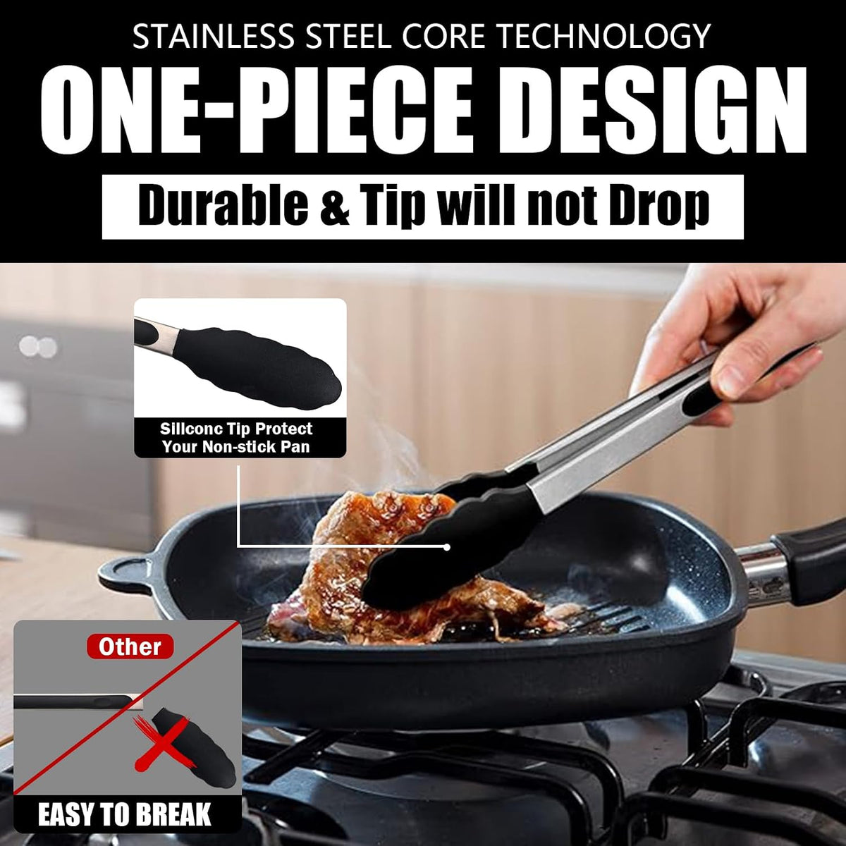 Kitchen Tongs with Silicone Tips, Stainless Steel Cooking Tongs Set of 3
