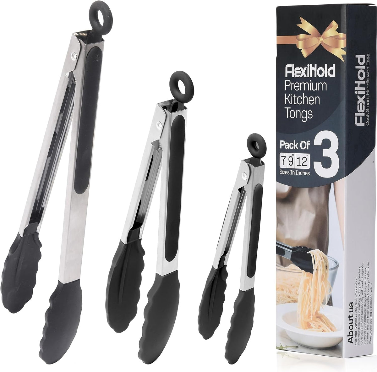 Stainless Steel Kitchen Tongs Set, 3 Pack with Silicone Tips