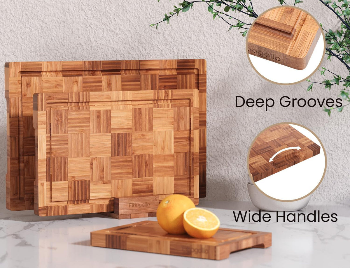 Fibogollo Set of 3 Bamboo Kitchen Cutting Boards with Juice Groove