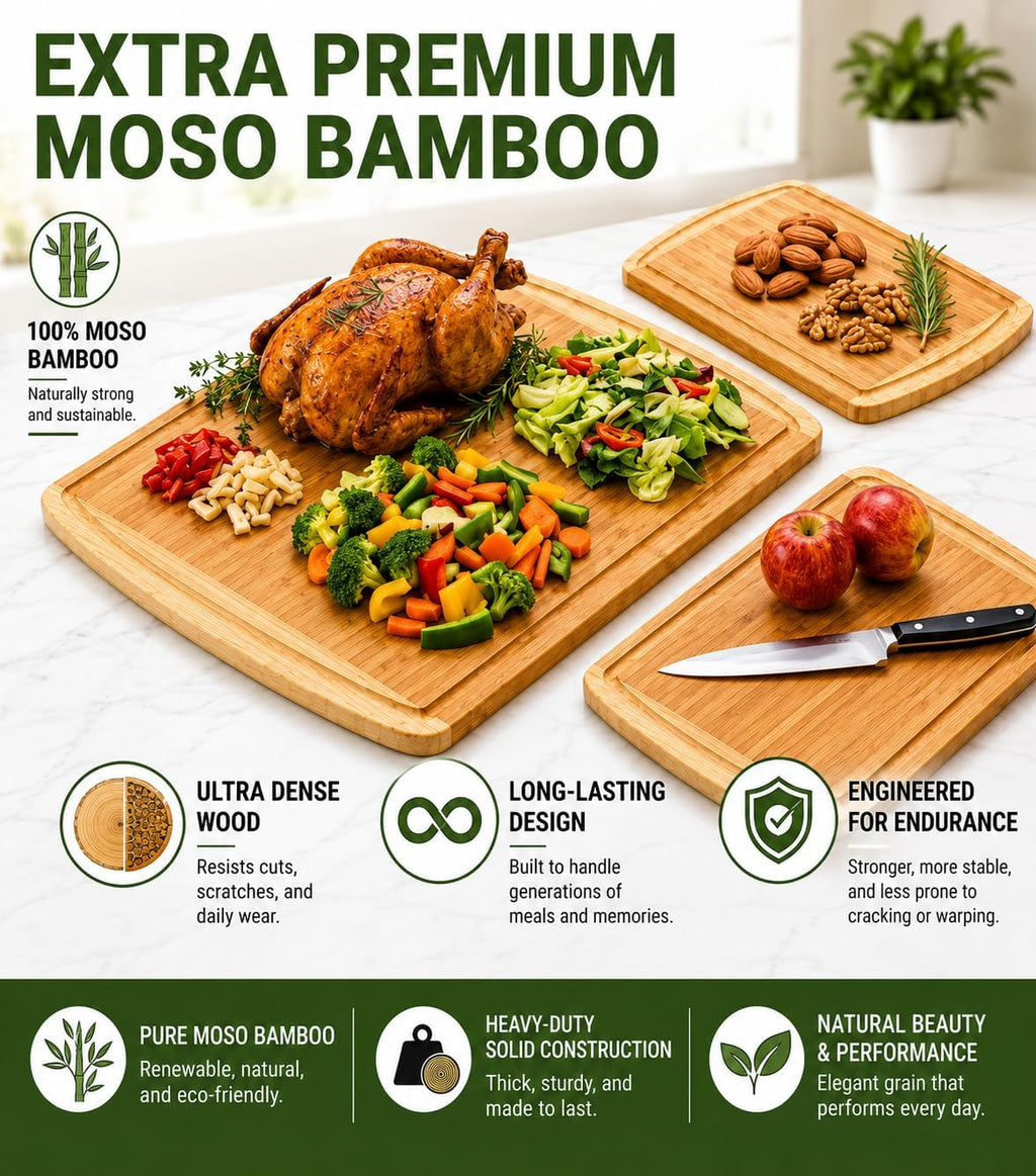 INDESTRUCTIBLE Extra Large Bamboo Cutting Board Set of 3 with Vertical Grain Strength Technology - XL Wood Cutting Boards for Kitchen and Lightweight Chopping Board Set - Replacements for Life
