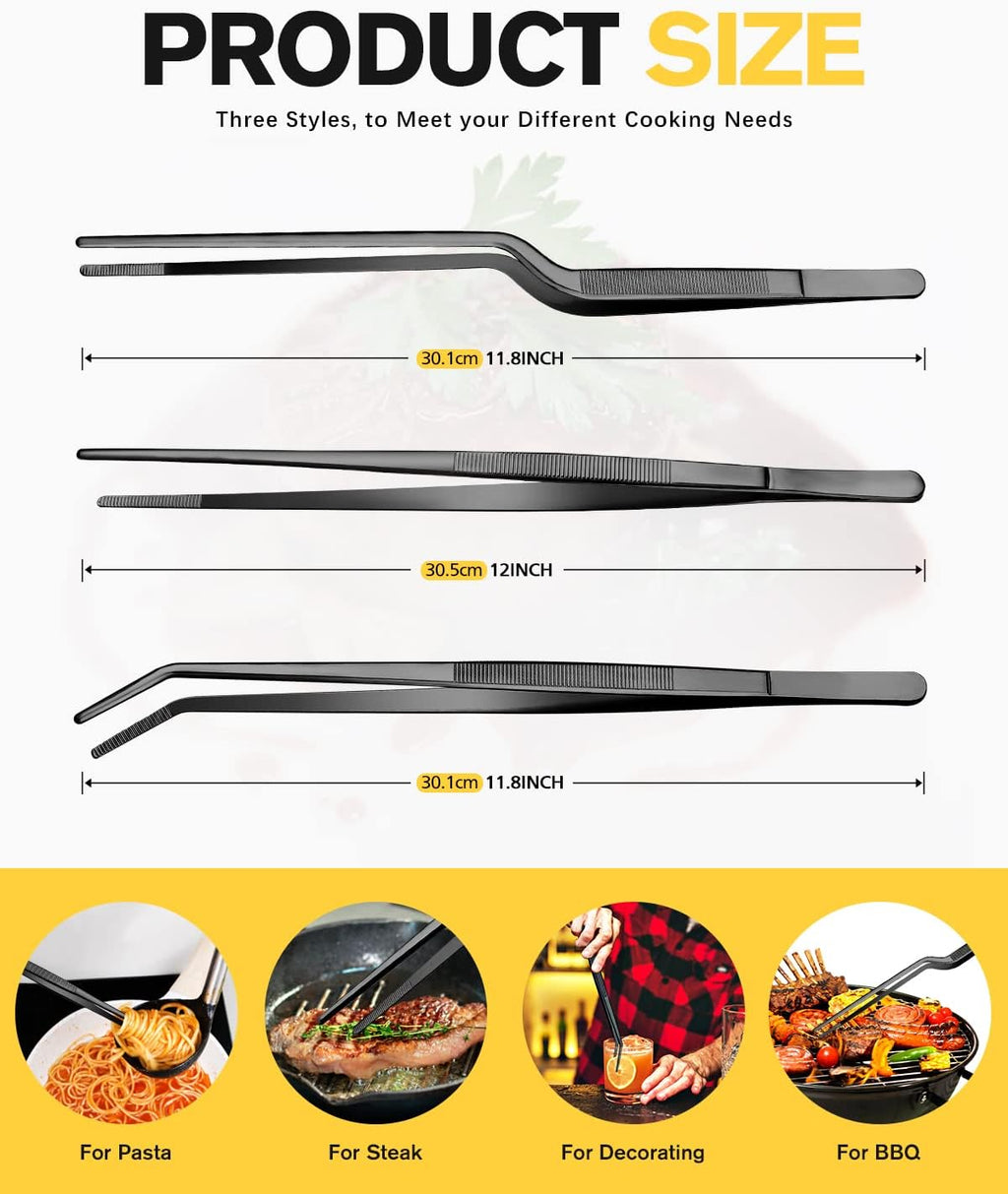 BUNDLEPRO Kitchen Tweezers Tongs with Precision Serrated Tips, 3 Pcs, 12''