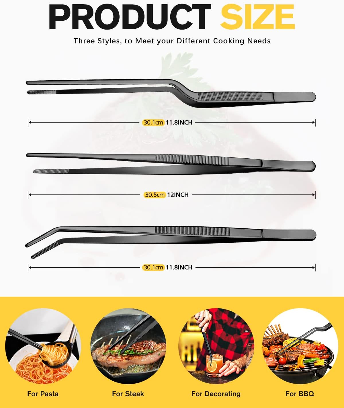 BUNDLEPRO Kitchen Tweezers Tongs with Precision Serrated Tips, 3 Pcs, 12''