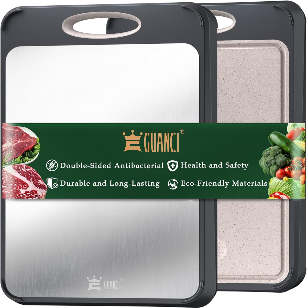 GUANCI Cutting Board for Kitchen, Non Toxic 2-in-1 Double Sided Design, 304 Food Grade Stainless Steel & Wheat Straw PP Chopping Board for Meat & Vegetables, Durable Kitchen Essential, Large 16”×11”