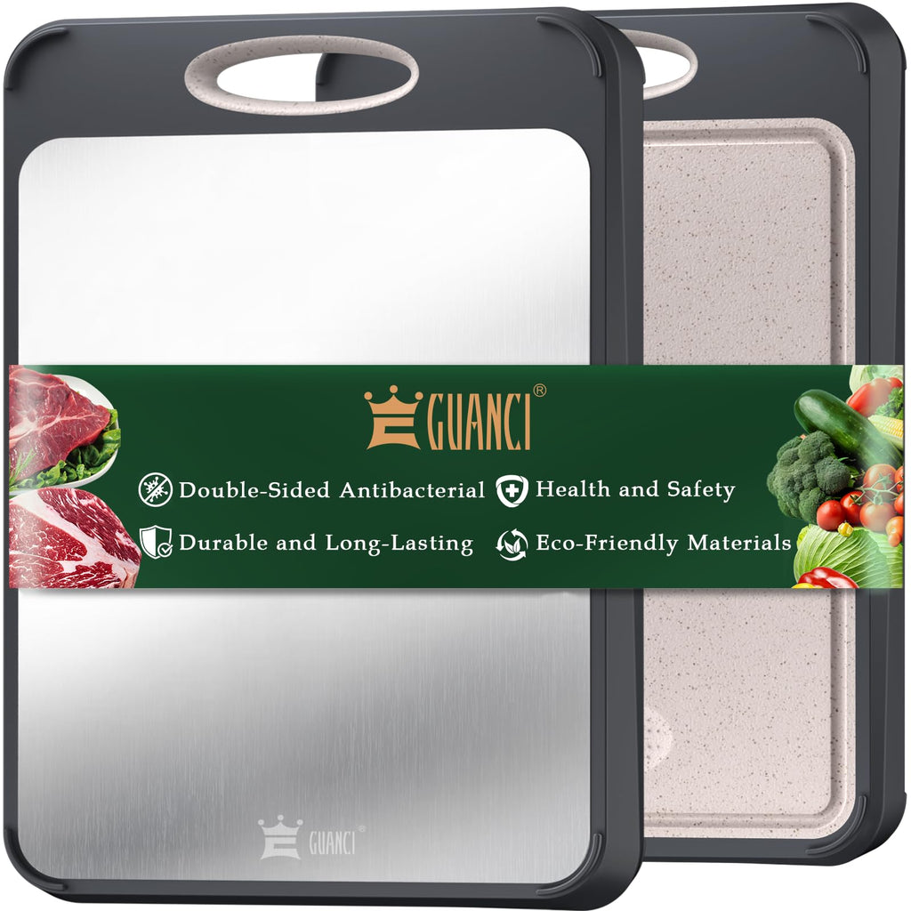 GUANCI Cutting Board for Kitchen, Non Toxic 2-in-1 Double Sided Design, 304 Food Grade Stainless Steel & Wheat Straw PP Chopping Board for Meat & Vegetables, Durable Kitchen Essential, Large 16”×11”
