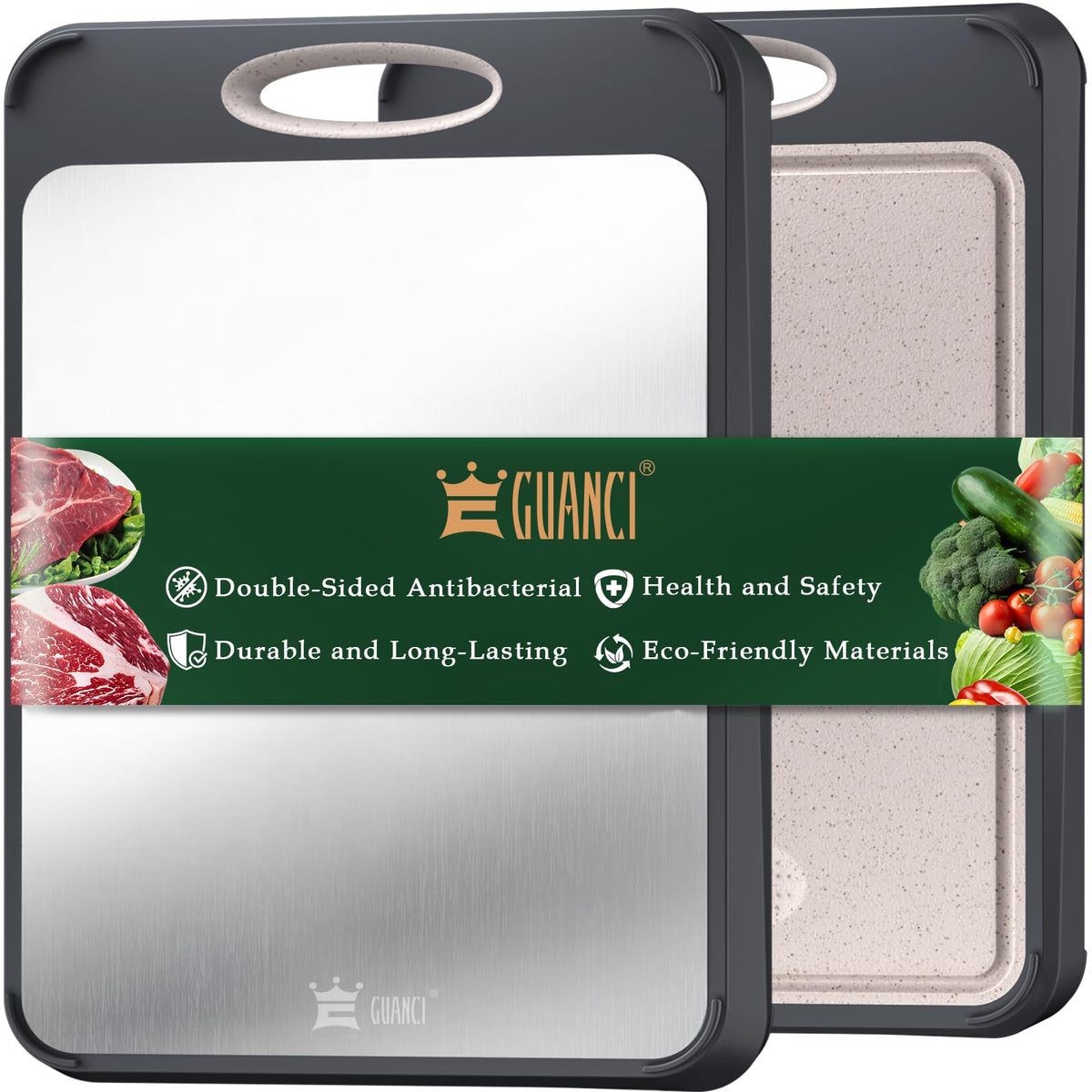 GUANCI Cutting Board for Kitchen, Non Toxic 2-in-1 Double Sided Design, 304 Food Grade Stainless Steel & Wheat Straw PP Chopping Board for Meat & Vegetables, Durable Kitchen Essential, Large 16”×11”