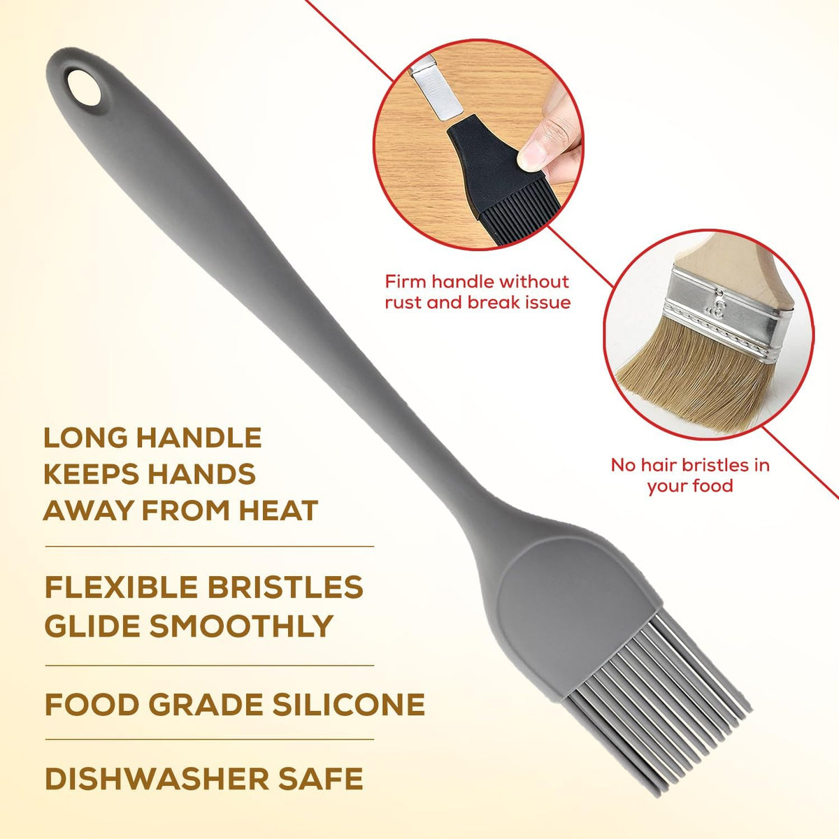 Mrs. Anderson’s Baking Silicone Basting Brush, Non-Stick, Heat Safe, Shed-Proof Bristles, Gray, 1.75-Inches, For Butter, Egg Wash, Glaze, And Baking Prep