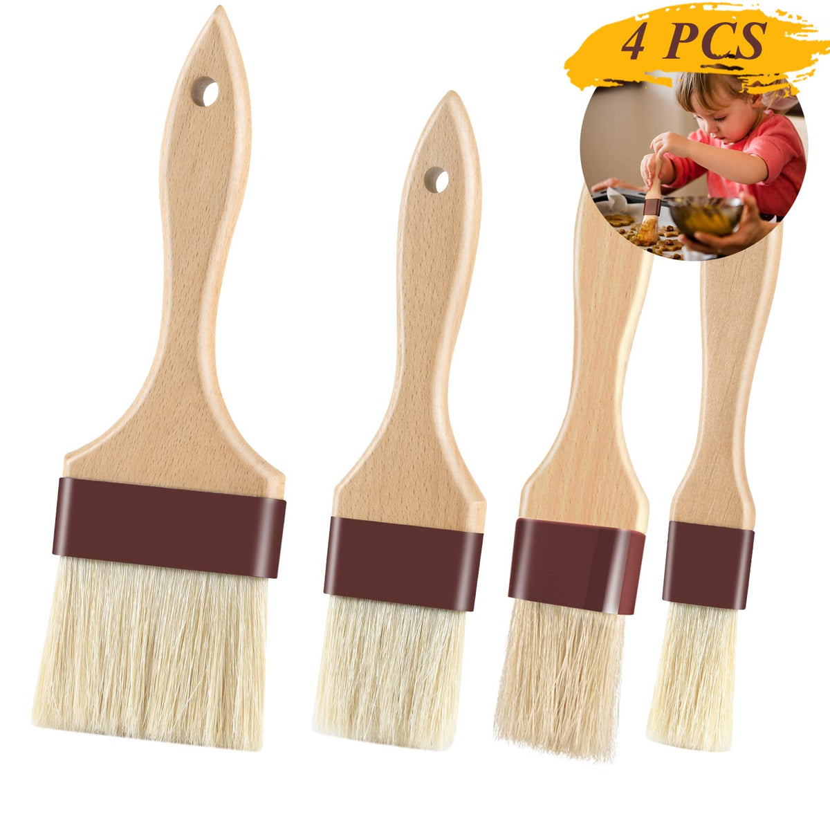 Pastry Brushes for Baking Basting Brush with Boar Bristles and Beech Hardwood Handles Culinary Oil Brush for Barbecue Butter Grill BBQ Sauce Baster Marinade Kitchen Food Cooking Brushes (1/1.5")