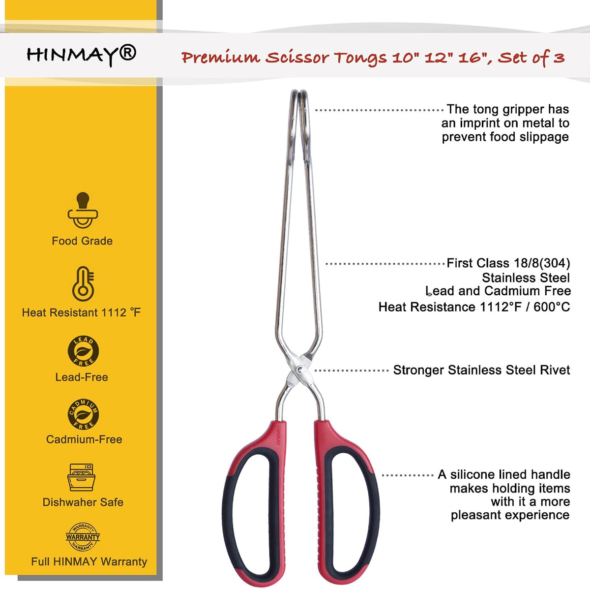 HINMAY Stainless Steel Kitchen Scissor Tongs Set, Set of 3 (10/12/16 Inch)
