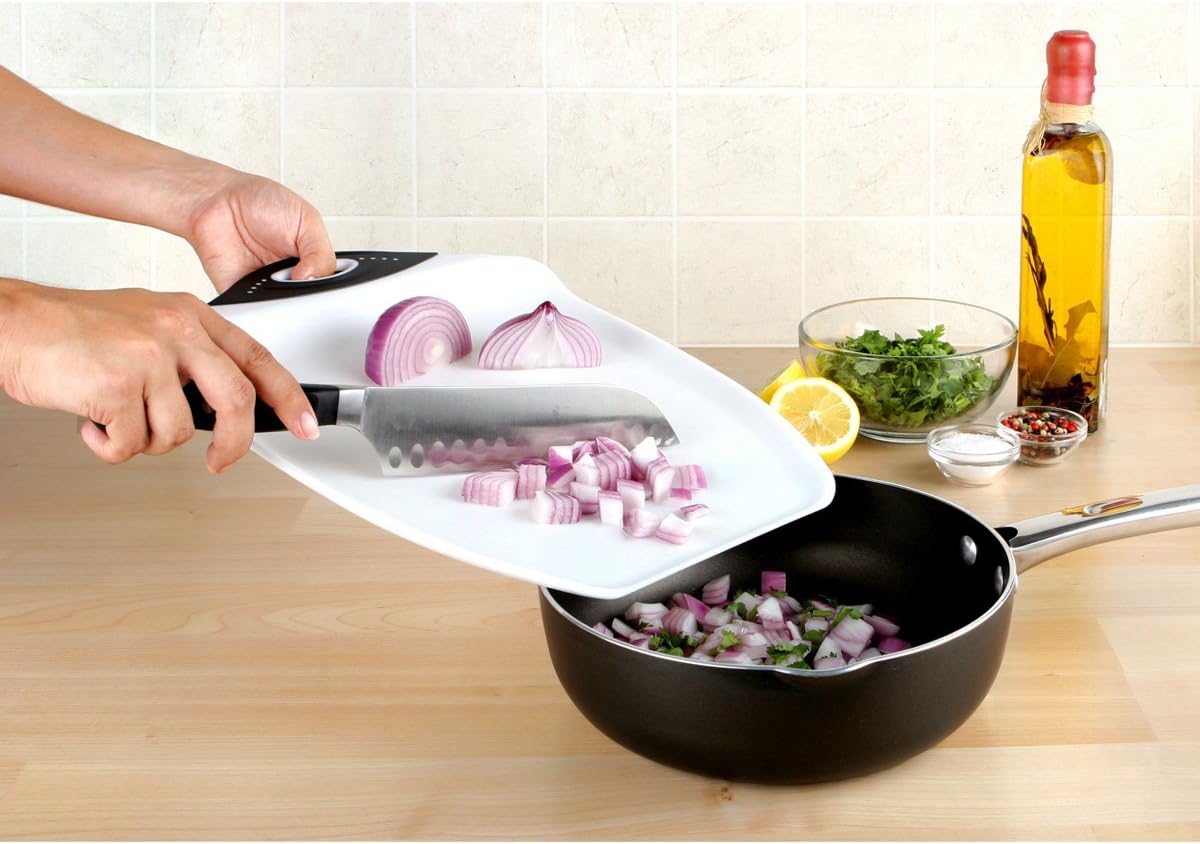 Dexas Chop & Scoop Cutting Board, 9.5 x 13 Inch, White and Black, BPA-Free Dishwasher Safe Kitchen Prep Board with Handle