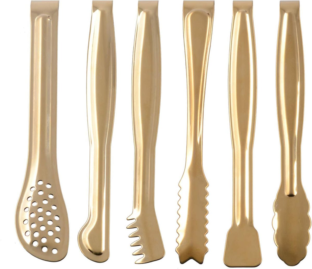 HINMAY Gold Plated Mini Serving Tongs Set 6-Inch Appetizers Tongs, Set of 6