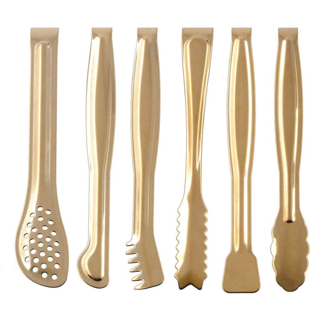 HINMAY Gold Plated Mini Serving Tongs Set 6-Inch Appetizers Tongs, Set of 6