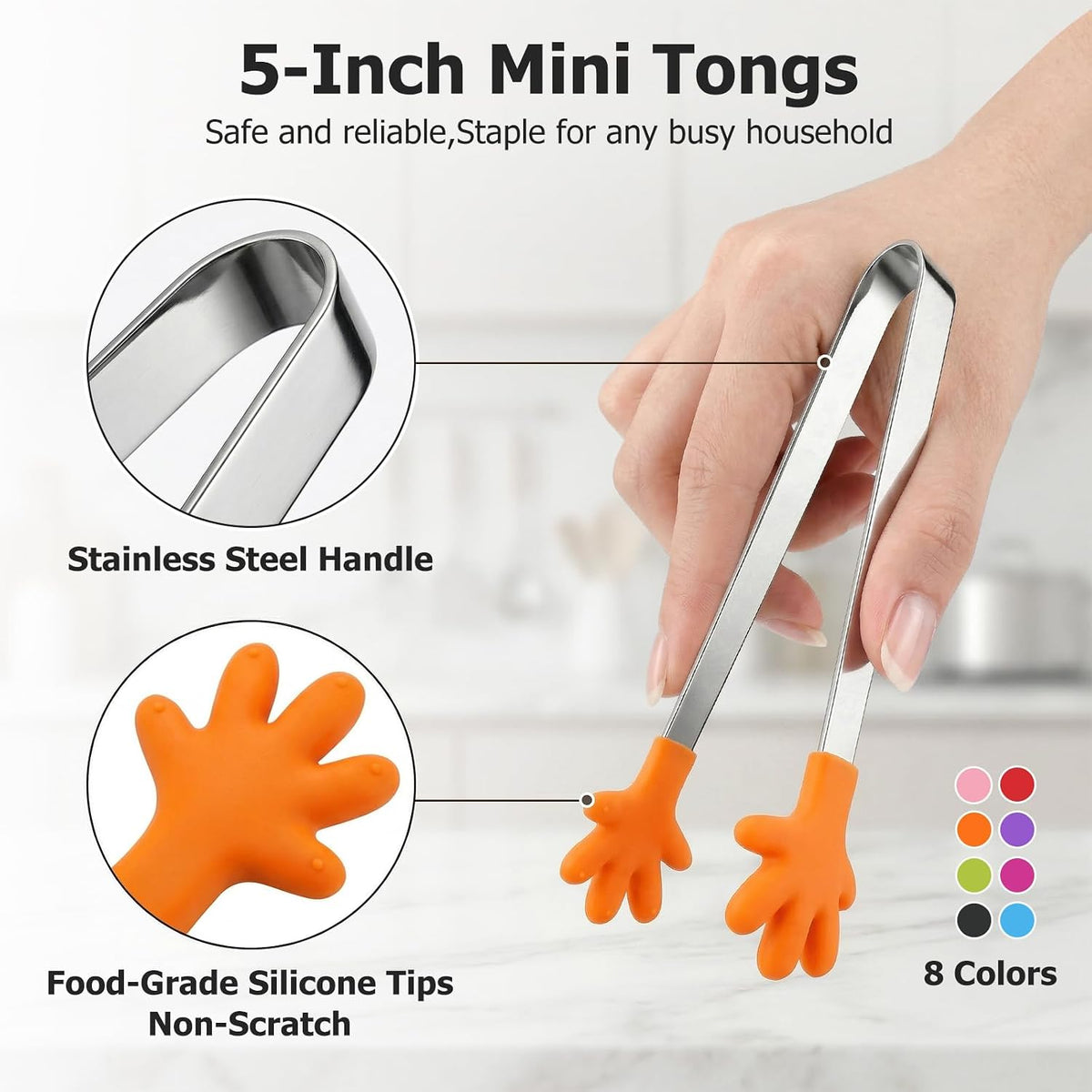 SHINDEL Mini Tongs, 8 PCS Silicone Hand Shape Food Tongs, 5 Inch