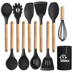 Silicone Cooking Utensil Set,10 PCS Cooking Kitchen Utensils Set, Nonstick Kitchen Utensils 446°F Heat-Resistant Cookware Tools of Spoon,Brush,Whisk,Spatula,Turner Tongs (Black)
