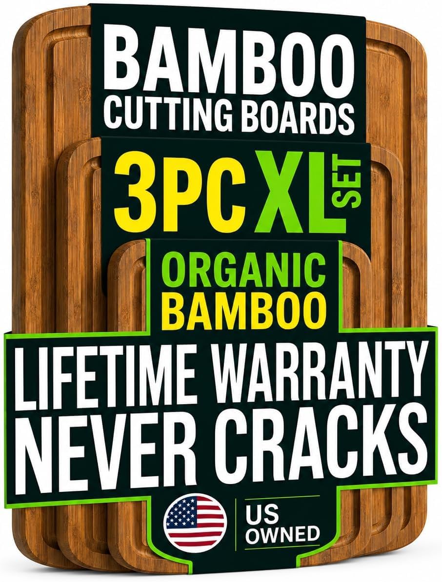 INDESTRUCTIBLE Extra Large Bamboo Cutting Board Set of 3 with Vertical Grain Strength Technology - XL Wood Cutting Boards for Kitchen and Lightweight Chopping Board Set - Replacements for Life