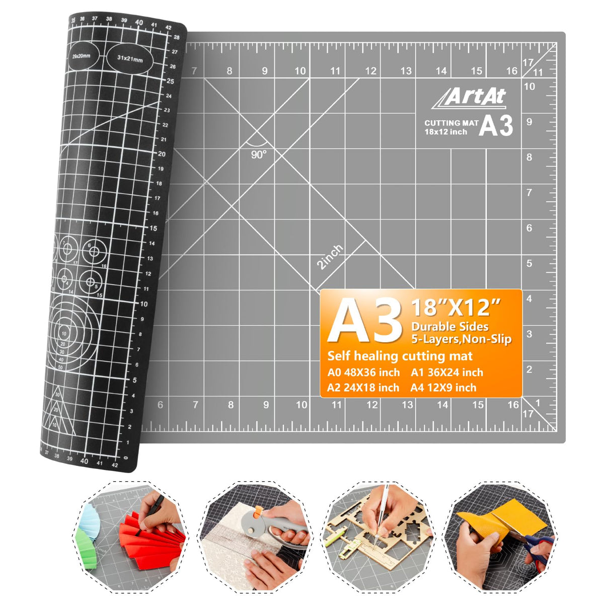 ArtAt Self Healing Cutting Mat: 12inch x 18inch Double Sided 5-Ply Fabric Cutting Mat for Sewing, Quilting & Arts & Crafts - Gridded Rotary Cutting Board Mat in Green/Black.