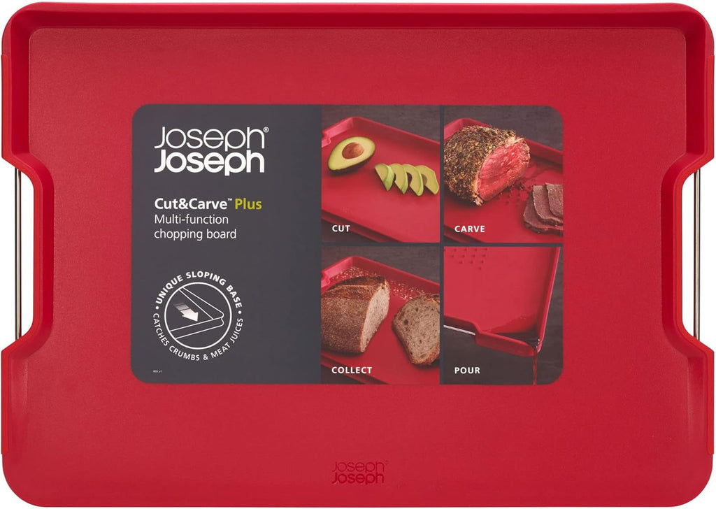 Joseph Joseph Cut&Carve Plus - Non-Slip, Multi-Function, Double-Sided Cutting Board for Food Preparation and Carving- Dishwasher Safe, Red