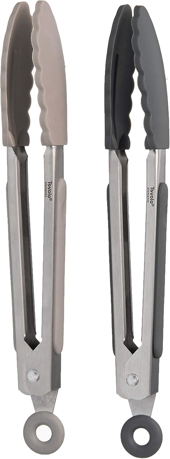 Tovolo Kitchen Tongs with Silicone Tips 9 Inch for Cooking Mixing and Serving, Easy Clean Dishwasher Safe Silicone Tipped Tongs with Locking Stainless Steel Heat Resistant, Warm Gray