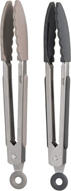 Tovolo Kitchen Tongs with Silicone Tips 9 Inch for Cooking Mixing and Serving, Easy Clean Dishwasher Safe Silicone Tipped Tongs with Locking Stainless Steel Heat Resistant, Warm Gray