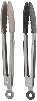 Tovolo Kitchen Tongs with Silicone Tips 9 Inch for Cooking Mixing and Serving, Easy Clean Dishwasher Safe Silicone Tipped Tongs with Locking Stainless Steel Heat Resistant, Warm Gray