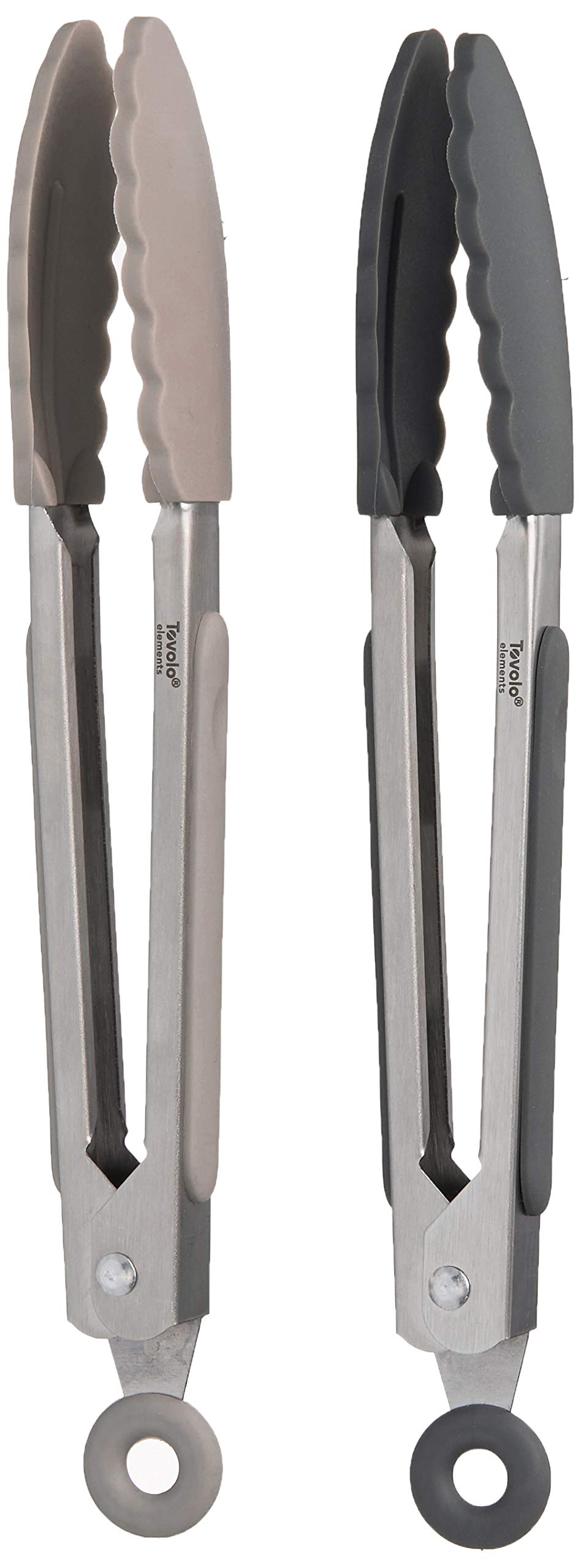 Tovolo Kitchen Tongs with Silicone Tips 9 Inch for Cooking Mixing and Serving, Easy Clean Dishwasher Safe Silicone Tipped Tongs with Locking Stainless Steel Heat Resistant, Warm Gray
