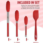 Kaluns Kitchen Tongs for Cooking Grilling Set of 4, BBQ Grill Tongs With Silicone Tip Stainless Steel Heat Resistant, Non-stick Pull Lock, Incl 7, 9, 12 Inch Tong Plus a Silicone Spatula
