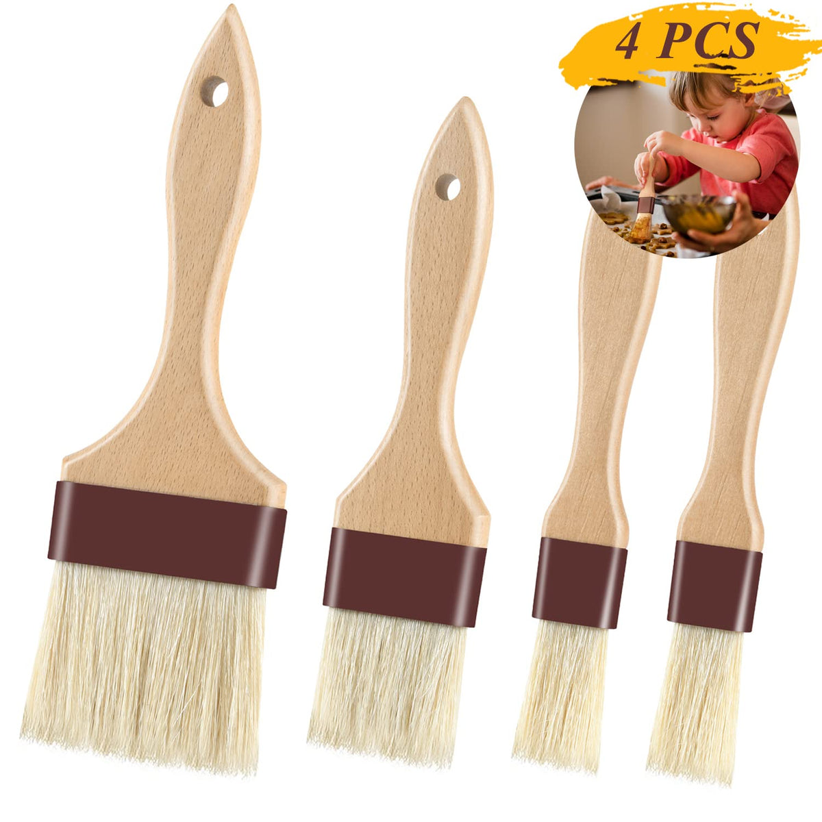 Pastry Brushes for Baking Basting Brush with Boar Bristles and Beech Hardwood Handles Culinary Oil Brush for Barbecue Butter Grill BBQ Sauce Baster Marinade Kitchen Food Cooking Brushes (1/1.5")