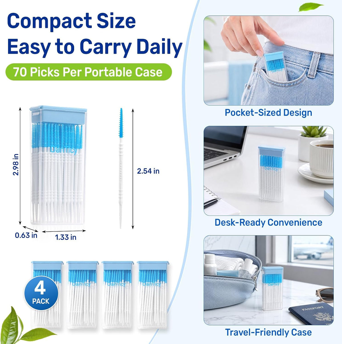 DanTicy Dual-Ended Interdental Picks for Braces, 4 Travel Cases, 280 Count