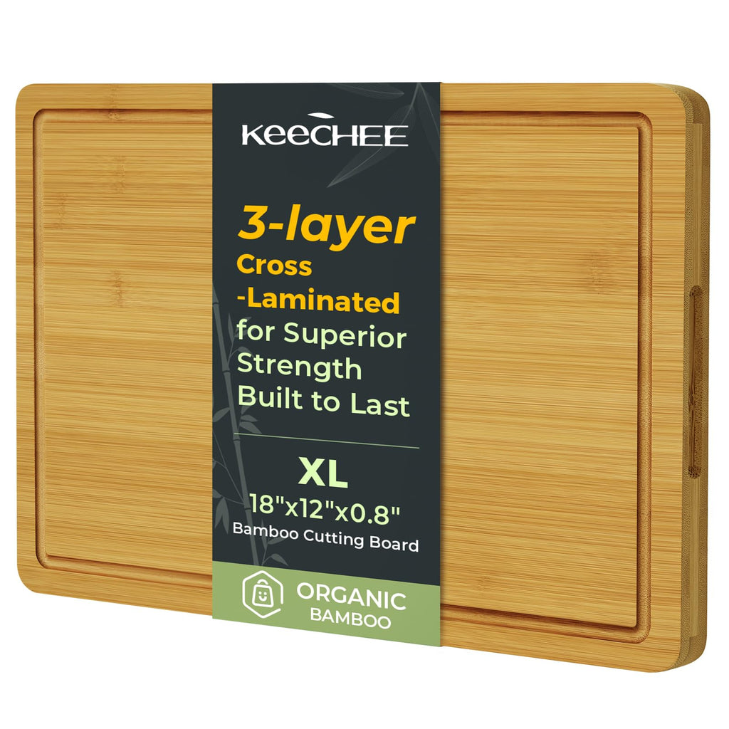 Keechee Bamboo Cutting Board, Durable Wood Cutting Boards for Kitchen with Deep Juice Grooves & Built-in Handles, Ideal Charcuterie & Chopping for Meat, Vegetables and Fruits Kitchen Gifts for Men