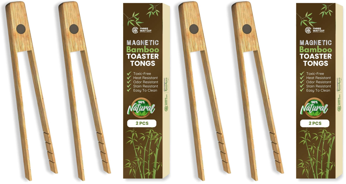Toaster Tongs With Magnet | Kitchen Utensils For Cooking and Holding Toast Bacon Muffin Bagel Bread | 8 Inch Long Natural Non Toxic Bamboo
