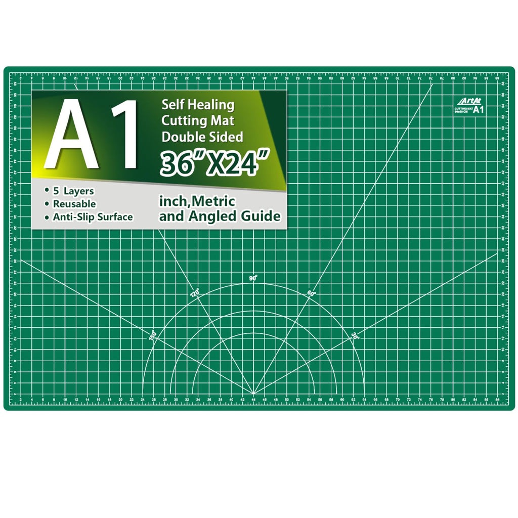 ArtAt Self Healing Cutting Mat: 12inch x 18inch Double Sided 5-Ply Fabric Cutting Mat for Sewing, Quilting & Arts & Crafts - Gridded Rotary Cutting Board Mat in Green/Black.