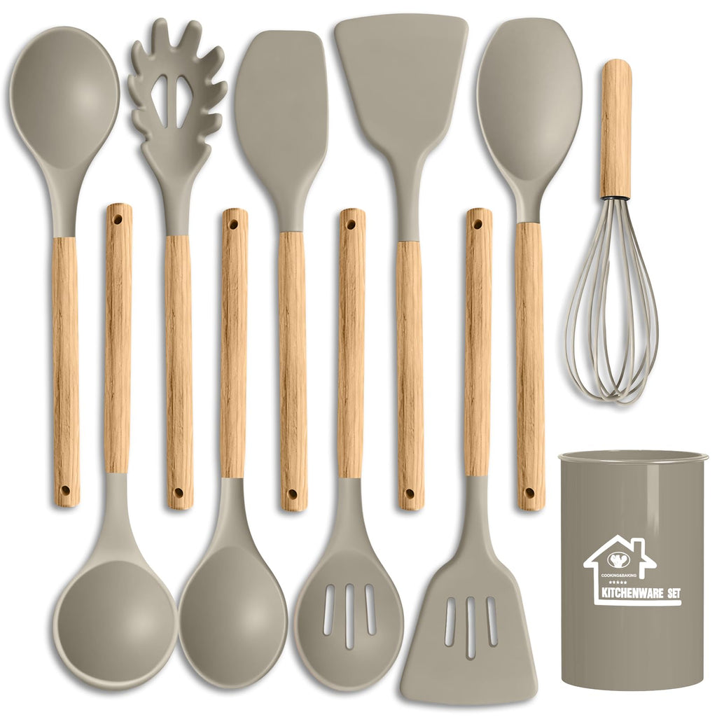 Silicone Cooking Utensil Set,10 PCS Cooking Kitchen Utensils Set, Nonstick Kitchen Utensils 446°F Heat-Resistant Cookware Tools of Spoon,Brush,Whisk,Spatula,Turner Tongs (Black)