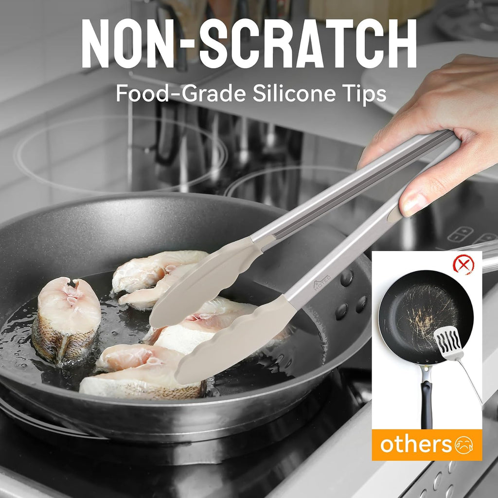 HOTEC Stainless Steel Kitchen Tongs with Silicone Tips, Set of 2-9" and 12"