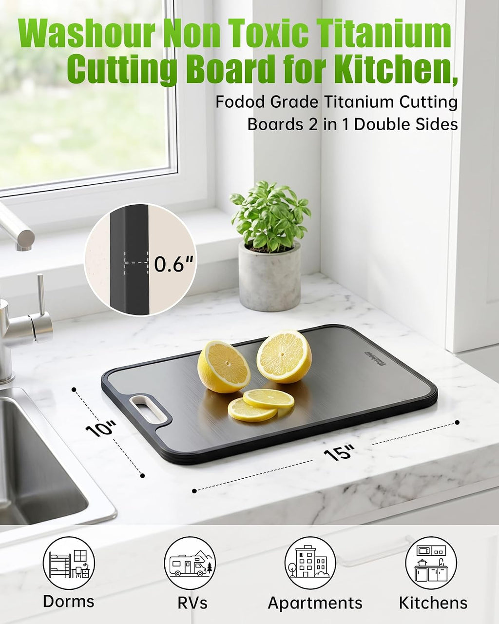 Non Toxic Titanium Cutting Board for Kitchen, Food Grade Titanium Cutting Boards 2 in 1 Double Sides, Non Slip Cutting Mat 15" x 10"