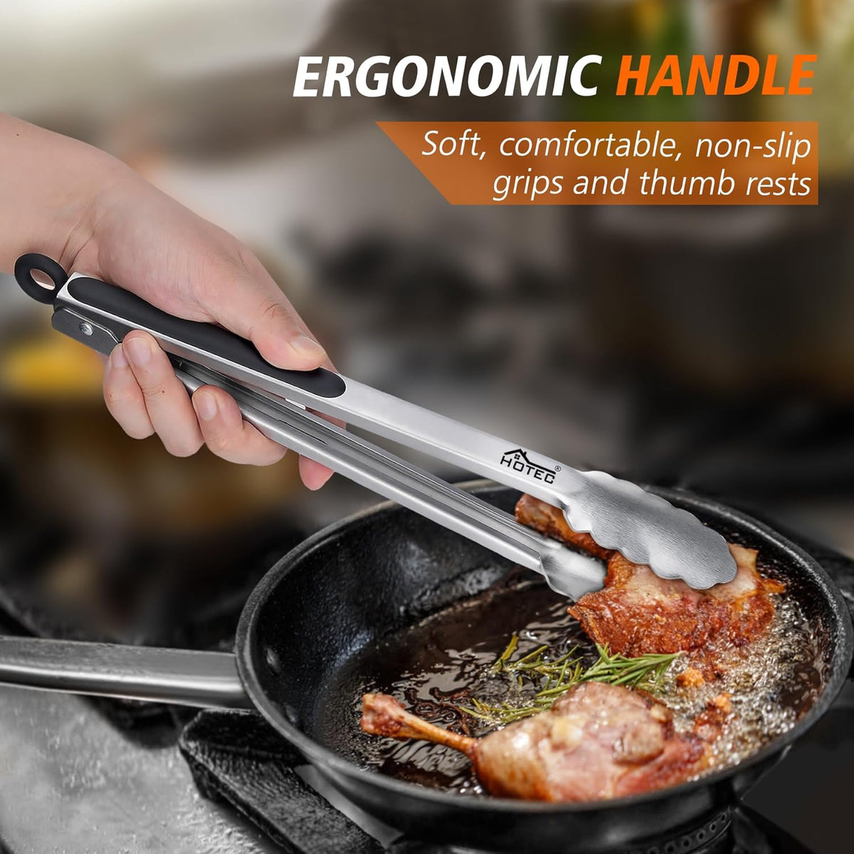 Hotec Tongs for Cooking Stainless Steel Kitchen Tongs Set of 3-7“, 9" & 12"