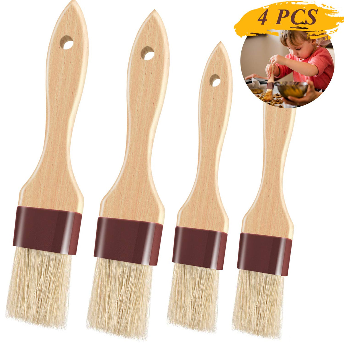 Pastry Brushes for Baking Basting Brush with Boar Bristles and Beech Hardwood Handles Culinary Oil Brush for Barbecue Butter Grill BBQ Sauce Baster Marinade Kitchen Food Cooking Brushes (1/1.5")