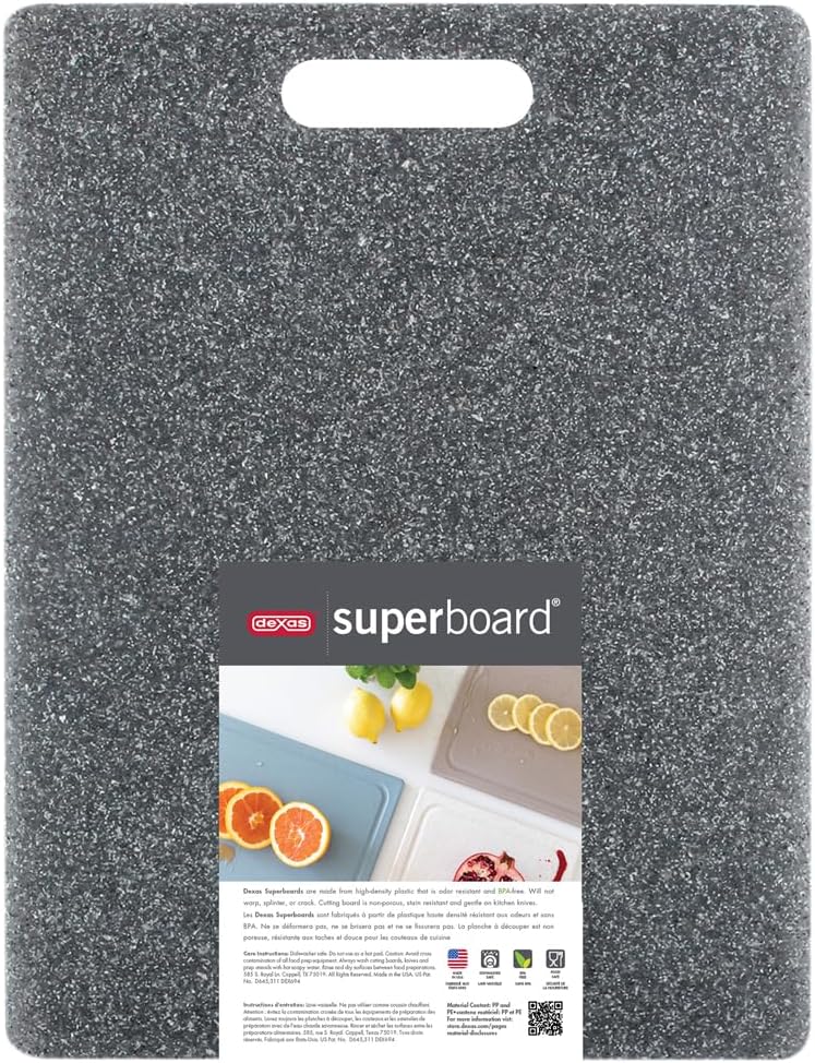 Dexas Superboard Cutting Board with Handle 8.5 x 11 inch Heavy Granite, Compact Kitchen Prep Board, Dishwasher Safe, Non-Porous Poly Surface, Made in USA