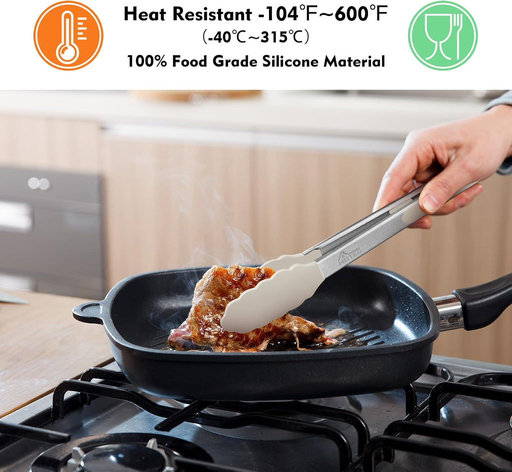 HOTEC Stainless Steel Kitchen Tongs with Silicone Tips, Set of 2-9" and 12"