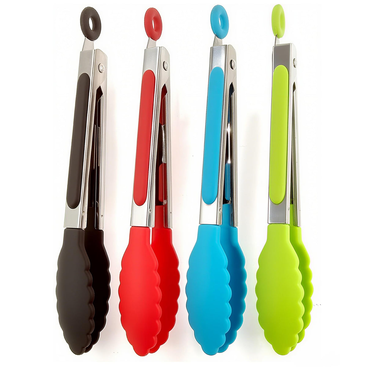 ZHIYE 4Pcs Silicone Tongs, Kitchen Tongs 7” Non-slip & Easy Grip Stainless Steel Handle - Smart Locking Clip - Heat Resistant, Food Grade