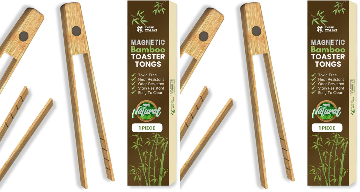 Toaster Tongs With Magnet | Kitchen Utensils For Cooking and Holding Toast Bacon Muffin Bagel Bread | 8 Inch Long Natural Non Toxic Bamboo