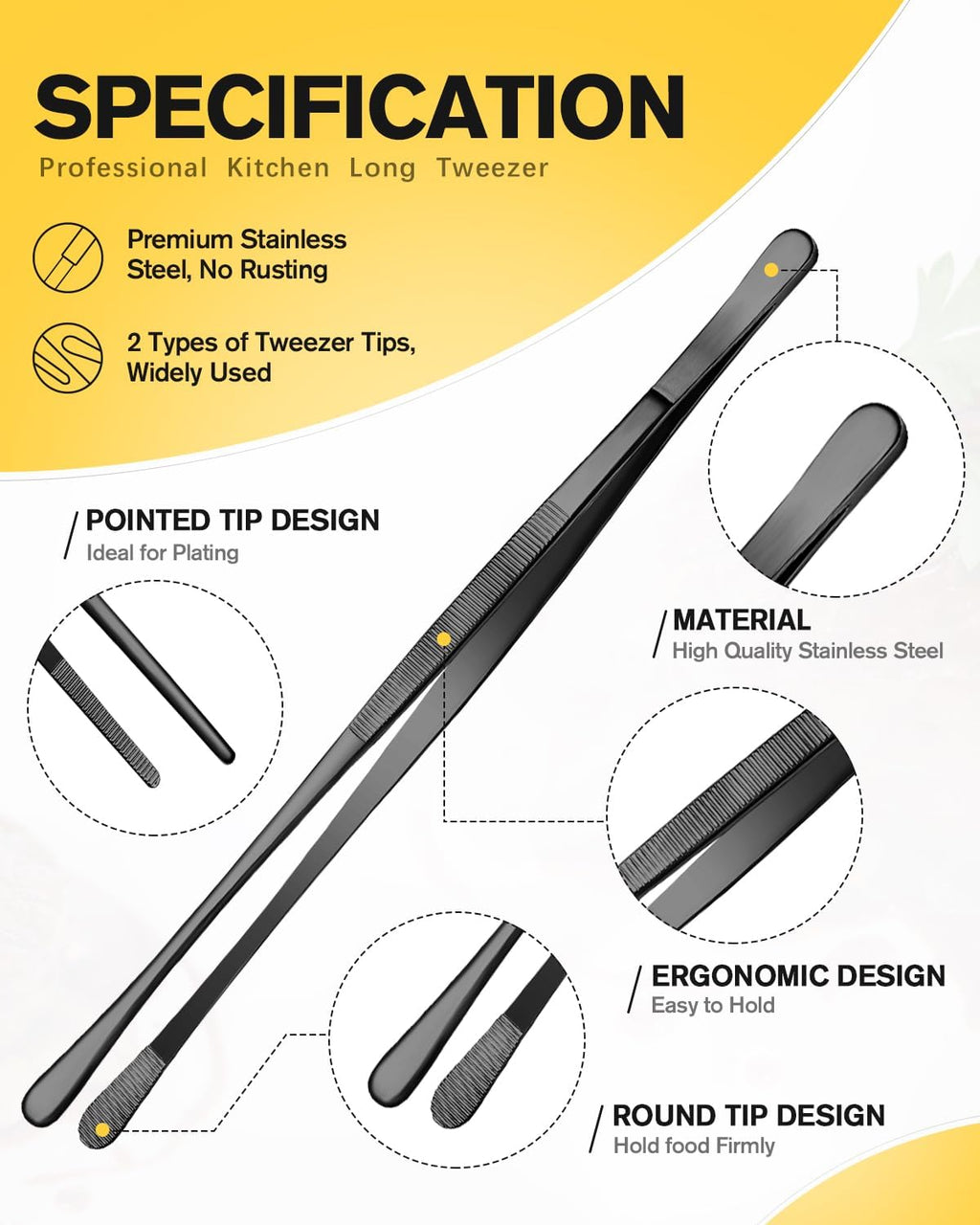 BUNDLEPRO Kitchen Tweezers Tongs with Precision Serrated Tips, 2 Pcs, 12''